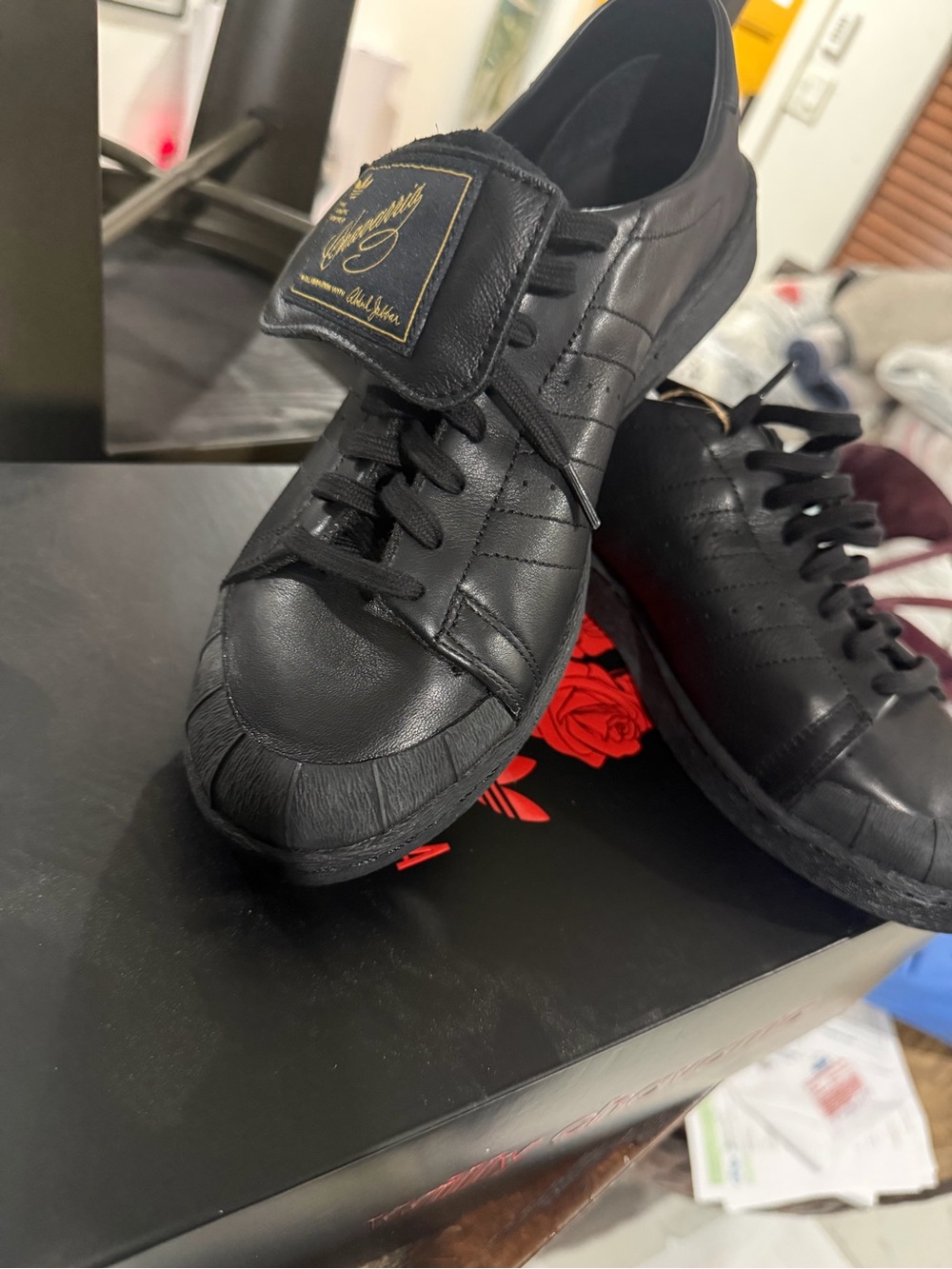 adidas Black Leather Shell-Toe Sneakers with Gold Logo Patch